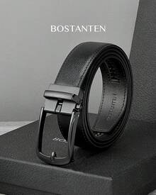 BOSTANTEN Belt Men Leather Reversible Belts Men 1 3/8 Casual Dress Pants, Two-In-One Belt - 011-全黑 - 查看 5