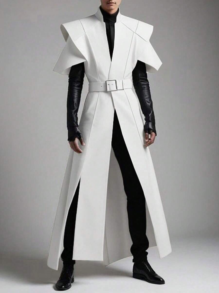 INCERUN Fashion Mens Stand Collar Short Sleeve Split Hem Party Cardigan Belted Long Jacket Coat - trắng - Xem 1