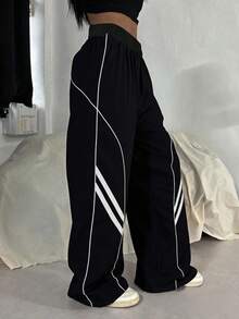 1件装少女休闲宽松个性化韩版拼接时尚百搭直筒工装裤，带口袋，适合春、夏、秋、冬四季穿着。 - 黑色 - 查看 8