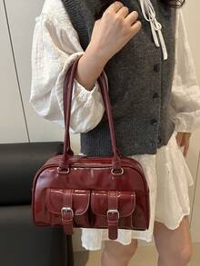 1 buah Tas Tote Minimalis Vintage dengan Resleting, Dilengkapi Kantong dan Dua Pegangan, Cocok untuk Penggunaan Sehari-hari Wanita, Baik untuk Aktivitas Kasual maupun Komuter. - Burgundy - View 5