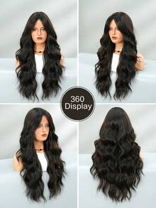 24 Inch Long Wavy Black Wig With Curtain Bangs For Women Heat Resistant Fiber Hairpiece,Natural Synthetic Full Machine Hair Wigs For Daily Music Festival Party Wear, Cosplay Halloween & Street Photography Use - 自然黑 - 查看 6