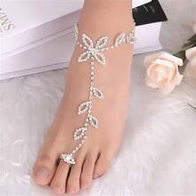 1 Gorgeous Rhinestone Leaf Shaped Toe Chain, Sparkling Bride Ankle Chain Bracelet For Women's Beach Barefoot Accessories - Silver - View 2