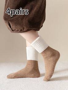 4 Pairs Kids Autumn/Winter Student High Elastic Faux Lamb Fleece Thick Colorblock Mid-Calf Socks - Multicolor - View 18