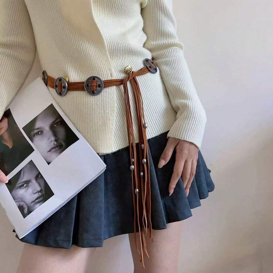 Vintage Boho Tassel Sash Belt Western Waistband Knotted Dress Belt For Women Decoration - 紫紅色 - 查看 1