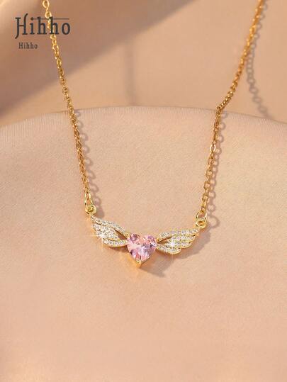 Hihho 1pc Zirconia Inlaid Angel Wings Pendant Necklace, Pink Heart Design Luxury Jewelry Gift For Women