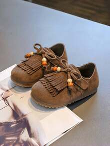 1 par de zapatos planos con diseño de lazo y cierre de gancho y bucle de PU para niñas, adecuados para primavera y otoño - Café integral - Ver 2