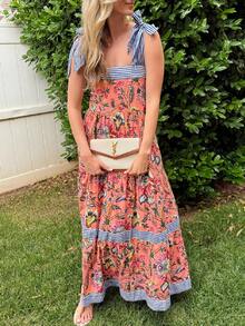 Women Summer Boho Maxi Dress Floral Tie Shoulder Flowy Long Dress Square Neck Ruffle Tiered Beach Sundress - 紅色 - 查看 2