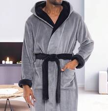 Mens Robe With Hood, Plush Fleece Hooded Mens Bathrobe, Big And Tall Bath Robe For Menhalloween - Steel Gray With Black - View 9