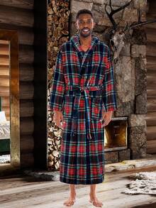Mens Robe With Hood, Plush Fleece Hooded Mens Bathrobe, Big And Tall Bath Robe For Menhalloween - Classic Tartan Plaid Blue - View 5