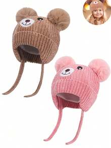 1 pezzo di cappellino invernale carino a forma di orsetto per bambini - berretto in maglia di lana unisex per attività all'aperto, caldo, in tessuto misto colore spesso, morbido e caldo, cappello per bebè - 1PC - Visualizzare 2