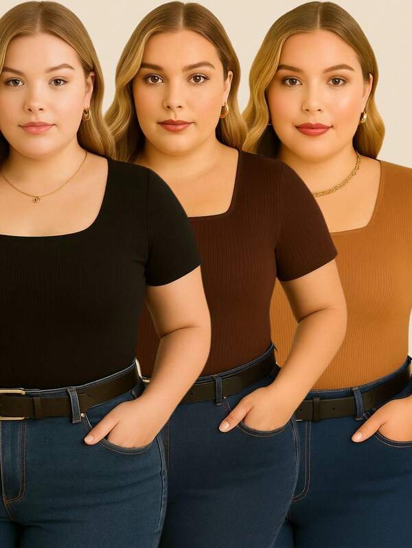 Kit com 3 blusa plus size decote quadrado básica feminina