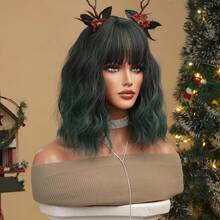 Halloween Christmas Wig 14 Inch Cute Cosplay Green Short Curly Synthetic Wig For Women Hair Replacement Wigs With Bangs Suitable For Roleplay Daily Party Use Music Festival