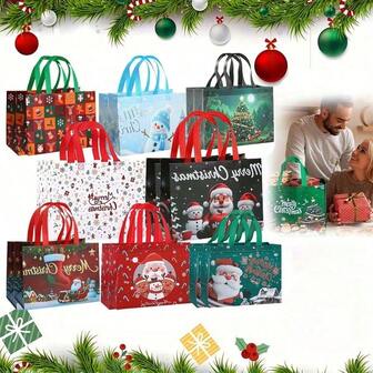 8 st stora julklappspåsar (32,5 x 25 * 17 cm), julklappspåsar med handtag, multifunktionella julpåsar för presentinslagning, shopping, återanvändbara festtillbehör, tomte, snögubbe, julgran för julhandel, jul, presentgivning