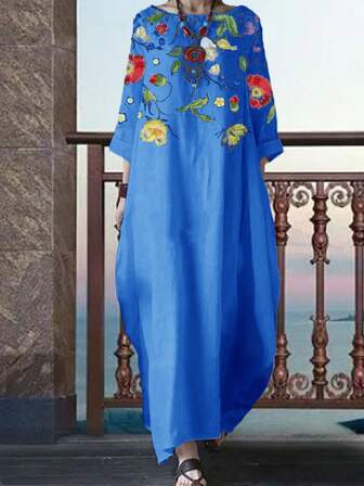 Women's Muslim Fashion Printed Design Long Dress, Loose Round Neck Middle Eastern Dress