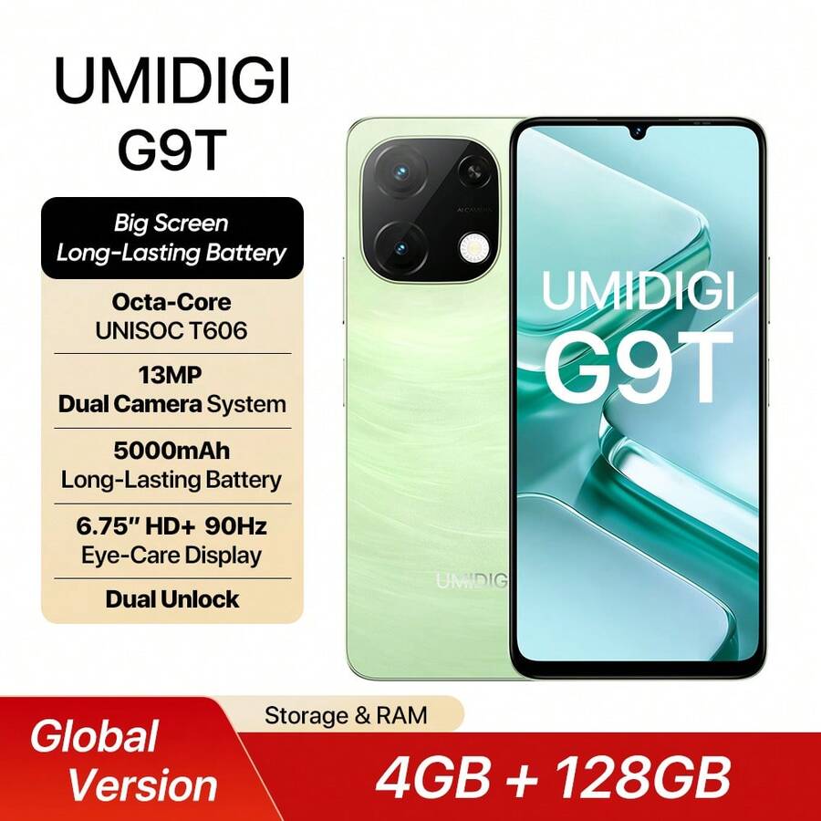 UMIDIGI G9T 全球版智能手机,Android 14,8GB+128GB 可扩展 1TB,6.75 英寸 HD+ 90Hz 显示屏,13MP 摄像头,5000mAh 电池,面部和指纹解锁,4G 双 SIM 卡,GPS - 綠色 - 查看 1