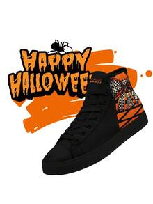 Tênis de cano alto feminino com nome e estilo personalizados para Halloween, várias opções de estilo de laço, tênis de cano alto leves e confortáveis com sola macia para mulheres, tênis de skate de cano alto, presente personalizado e divertido e único para mãe/pai/ela/ele/namorada/namorado/esposa/marido/amigo