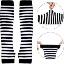 Tongcloud Women's Striped Knee High Socks, Over Knee Thigh High Socks, Arm Warmer And Fingerless Gloves SetHalloween Christmas New Year - 黑與白 - 查看 2