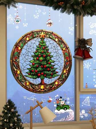 1 件，房车窗户，装饰贴花，圣诞主题装饰，新年快乐，圣诞树和祝福蜡烛，非粘性窗户贴花，家居装饰玻璃贴花，房车玻璃装饰，静电玻璃贴花，阳光捕捉器，彩色玻璃贴花