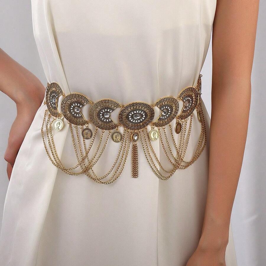 ​ ​ Bohemian Celebration Style Coin Tassel Carved Waist Chain Design Alloy Totem Hollow Craft Hanfu Travel Photography Accessories Best Friend Girlfriend Exotic Gift Columbus Day Homecoming Season Gift ​ ​ - 古金 - 查看 1