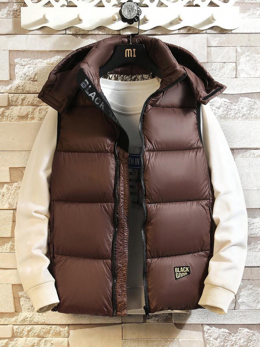 Men's Zip-Up Hooded Padded Vest - Coffee Brown - View 1