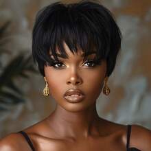 Glueless Pixie Cut Human Hair, Nature Color Remy Human Hair For Women, 180% Density Straight Design Rose Net Cap, Full Machine Made For Daily Wear, Easy To Wear - Natural Black - View 2