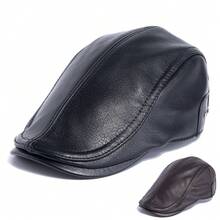 Men PU Leather Newsboy Cap Autumn Winter Warm Beret Hat Baker Boy Vintage Boinas Flat Caps - A - View 2