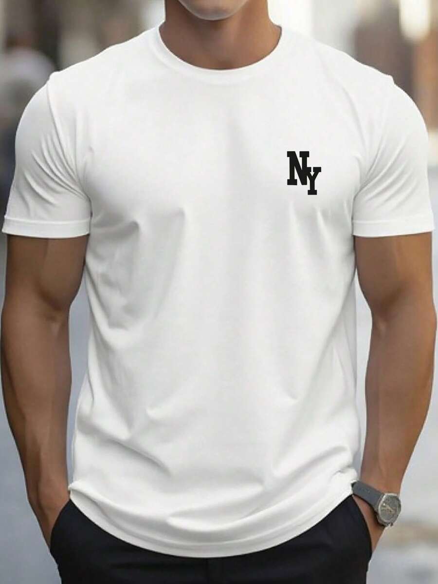 Manfinity Homme Camiseta de manga corta de verano casual con cuello redondo y estampado de letras para hombre - Blanco - Ver 1