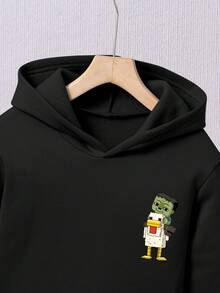 Tween Boy Cartoon Print Warm Hoodie And Sweatpants Casual Outfit