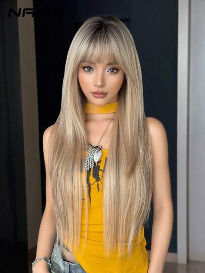 NAMM 30 Inch Extra Long Straight Sun-Kissed Bronde Ombre Wig With Bangs - Super Long Natural Layered Wigs With Dark Roots,High Quality Soft Synthetic Fiber Straight Costume Hair Wig For Women Daily Wear, Cosplay Festival Ready Party Use, - Sakura Celebrations Glam & Party Streetwear Photography - Girls Gift Wig Accessories - Beginners Glueless Wig Accessories