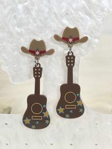 1 pereche de cercei din denim cu imprimeu de chitară și stele din desene animate, potriviți pentru ținutele zilnice, de festival și de petrecere ale femeilor