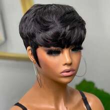 Glueless Pixie Cut Human Hair, Nature Color Remy Human Hair For Women, 180% Density Straight Design Rose Net Cap, Full Machine Made For Daily Wear, Easy To Wear - Natural Black - View 7