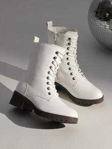 Women's Lace-Up Combat Boots Mid-Calf Militarys Classic And Stylish Winter Festival Christmas Black Boots - 白色 - 查看 1
