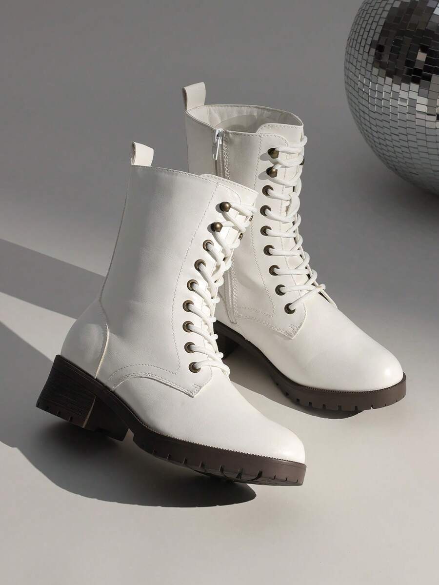 Women's Lace-Up Combat Boots Mid-Calf Militarys Classic And Stylish Winter Festival Christmas Black Boots - 白色 - 查看 1