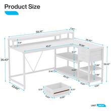 LITTLE TREE 55" L-Shaped Computer Desk With Drawers, Modern White Writing Table With Storage Shelves,Reversible Corner Home Office Desk With Monitor Stand, Gaming Workstation For Small Space,Apartment - 白色 - 查看 2