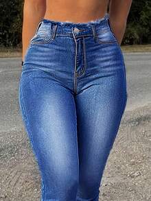 Oversized Women's High Waisted Jeans With Torn Holes, Opening Slanted Pockets, Elastic Tight Fit Jeans, Plus Size - 深色水洗藍 - 查看 5