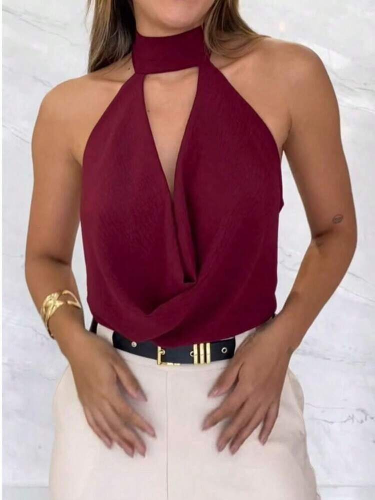 Women's Cropped Blouse With Deep Neckline - Sexy And Elegant For The Evening - 酒紅色 - 查看 1