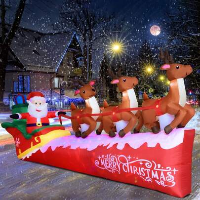 10FT Christmas Inflatable Santa Claus On Sleigh With 3 Reindeer Decorations, Blow Up Yard Decoration With LED Lights Built-In, Indoor & Outdoor Holiday Party Decorations For Garden Lawn Yard
