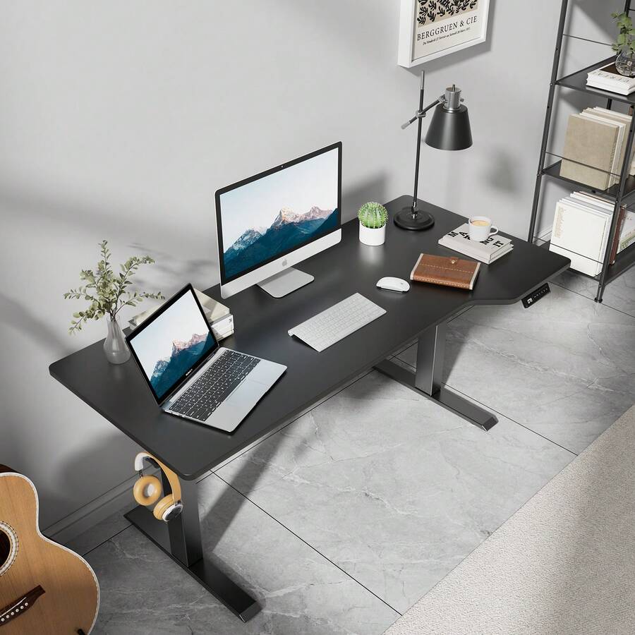 Devoko Gunji 160/180 Cm Height Adjustable Desk, L-Shaped Electric Standing Desk, Height Adjustable, Electric With 4-Function Memory, Ergonomic Gaming Table With Cable Management Tray, Hooks - Black - View 1