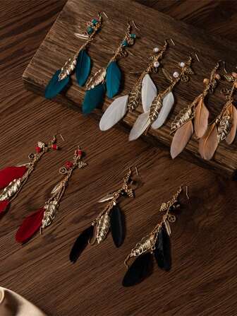 A Pair Of Casual Bohemian Natural Feather Gold Leaf Women's Long Earrings