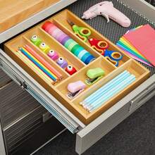 Organizador de cubiertos de bambú con 6 compartimentos, bandeja de madera para cubiertos de cocina, 45 * 32 * 6 cm - 6 cuadrículas - Ver 7