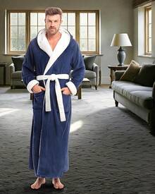 Mens Robe With Hood, Plush Fleece Hooded Mens Bathrobe, Big And Tall Bath Robe For Menhalloween - Navy Blue With White - View 4