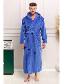 Mens Robe With Hood, Plush Fleece Hooded Mens Bathrobe, Big And Tall Bath Robe For Menhalloween - Sky Blue - View 11