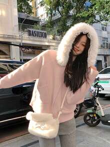 女士休闲毛领连帽针织开衫，宽松显瘦，秋粉色 - 粉色 - 查看 3
