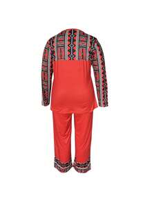 Plus Size Women's Casual Fashion Plaid Print Contrast Color Suit Round Neck Long Sleeve Loose Pants Two-Piece Set - 彩色 - 查看 3