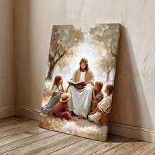 1pc, Framed Wall Art, Jesus With Children Reading Bible, Detailed Depiction Of Jesus Sitting Outdoors Surrounded By Children, Reading From A Book Under A Tree With Soft Light Filtering Through Leaves, Canvas Wall Art For Living Room, Bedroom, Bathroom, Study Room, Dining Room, Office, Wooden Wall Art Decor, Ideal Gift - 彩色 - 查看 1