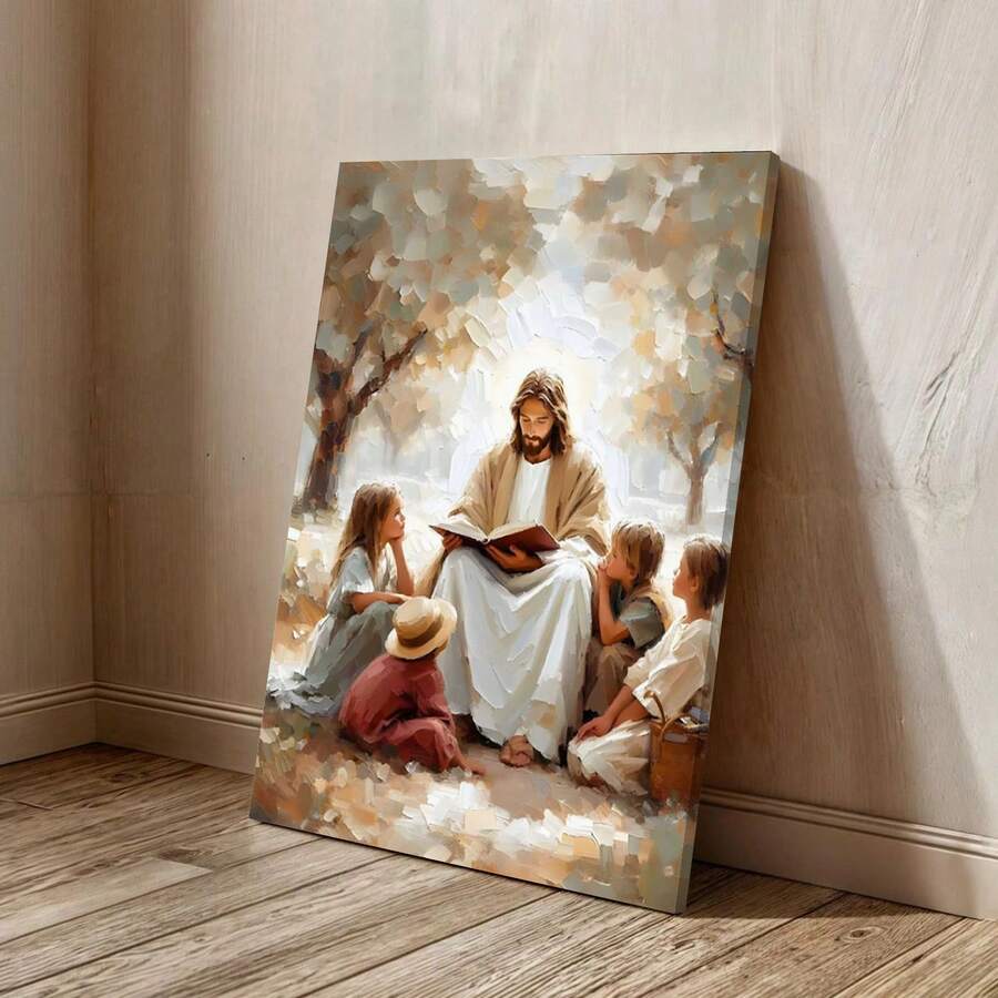 1pc, Framed Wall Art, Jesus With Children Reading Bible, Detailed Depiction Of Jesus Sitting Outdoors Surrounded By Children, Reading From A Book Under A Tree With Soft Light Filtering Through Leaves, Canvas Wall Art For Living Room, Bedroom, Bathroom, Study Room, Dining Room, Office, Wooden Wall Art Decor, Ideal Gift - 彩色 - 查看 1