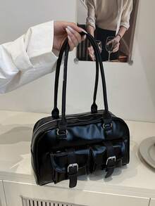 1 pieza Bolso de mano vintage minimalista con cremallera, decorado con bolsillos, asas dobles, adecuado para uso casual y de viaje diario de mujeres - Negro - Ver 3