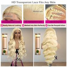 200% 密度 613 号水波纹蕾丝前假发，混合发丝，13x4 高清金色水波纹蕾丝前假发，8-34 英寸，613 号金色水波纹蕾丝前假发，适合日常佩戴，预先拔毛，可随意分缝，自然发际线，带婴儿绒毛，613 号金色水波纹蕾丝前假发 - S/613 - 查看 3