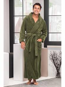 Mens Robe With Hood, Plush Fleece Hooded Mens Bathrobe, Big And Tall Bath Robe For Menhalloween - Army Green - View 10