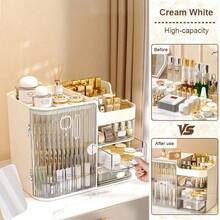 Extra Large Capacity Cosmetic Organizer, Care Organizer Drawer Beauty Rack, - Multi-Level Cosmetic Organizer With Mirror And Drawer, Home Desktop And Drawer Cosmetic Display Organizer For Dresser, Bathroom And Counter, Ideal Gift For Women And Girls - 柔和的白色 - 查看 4